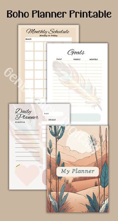 the boho planner printable is shown in three different colors