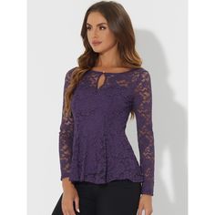 Elevate your wardrobe with this stunning peplum blouse that flatters your figure and adds an air of elegance to your essentials. This lace peplum top is a true beauty, featuring a peplum waist, a front keyhole, and intricate floral prints that are bound to turn heads. It is perfect for any occasion, including weddings, parties, cocktails, and more. You can pair it with your favorite jeans, pants, or skirts to complete a chic and sophisticated look. The fabric is not only stunning but also soft, Fitted Lace Trim Peplum Top, Fitted Peplum Tops With Lace Trim, Fitted Lace Peplum Top, Fitted Lace Blouse, Off Shoulder Peplum Top, Lace Peplum Top, Three Quarter Sleeve Blouses, Blouse Purple, Peplum Shirts