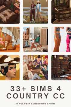 an animated collage of people in different outfits and clothes, with the words 31 + sims 4 country c