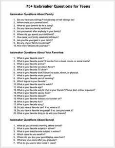 a question sheet with the text'75 icebreaker questions for teens '