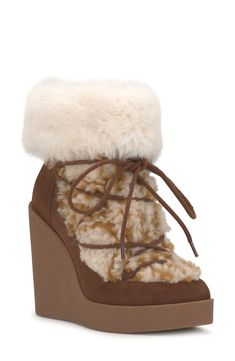 Faux fur adds an extra dash of cozy to this boosted wedge bootie detailed with laces and secured with a quick side zip closure. 4 1/4" heel; 1" platform Leather and textile faux-fur upper/synthetic lining/rubber sole Imported Fairies Wear Boots, Dr Shoes, Cute Shoes Heels, Wedge Bootie, Girly Shoes, Stil Inspiration, Jessica Simpson Shoes, Pretty Shoes, Dream Shoes