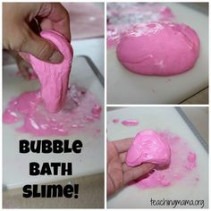 the process for making bubble bath slime is shown in three different pictures, including pink and