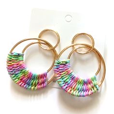 Double Circle Dangle Earrings New Lightweight Trendy Dangle Hoop Earrings For Spring, Trendy Spring Dangle Hoop Earrings, Spring Trendy Dangle Hoop Earrings, Trendy Circle Earrings For Spring, Multicolor Drop Wrap Earrings, Trendy Dangle Earrings For Spring, Multicolor Metal Earrings For The Beach, Multicolor Drop Earrings For Spring, Multicolor Metal Earrings For Beach