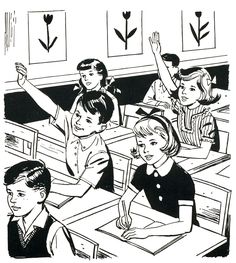 a black and white drawing of children in a classroom with one raising his hand up