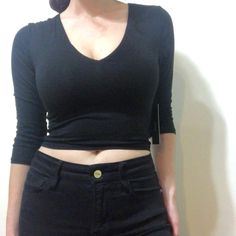 Lulu’s 3/4 Sleeve Black Crop Top, V Neck, Size M Black V-neck Stretch Long Sleeve Top, Black Stretch V-neck Long Sleeve Top, Black Fitted Half Sleeve Tops, Fitted Black Top With 3/4 Sleeves, Spring 3/4 Sleeve Top For Night Out, Spring Tops For Night Out With 3/4 Sleeves, Black Cropped Stretch Long Sleeve Top, Black Stretch Cropped Long Sleeve Top, Red Corset Top