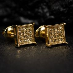 Mens Small 14k Yellow Gold Plated 925 Sterling Silver Canary Yellow 5a Cz Cubic Zirconia Hypoallergenic Square Flat Screen 7mm Iced Hip Hop Micro Pave Stud Screw Back Earrings For Men These Small Square Earrings Are 7mm In Size And Have A Micro Pave Setting Of Beautiful And Elegant 5a Cz Canary Yellow Stone Hand Set. Mens Large Flat Screen Screwback Micro Pave Earrings That Fit Any Standard Piercing Post Hole. You Can’t Go Wrong With These Flat Screen Square Studs. Hip Hop Style Gold Sterling Si Studs For Men, Earrings Men, Mens Earrings Studs, Stud Earrings For Men, Earrings For Men, Hip Hop Style, Square Earrings Studs, Canary Yellow, Gold Earrings Designs