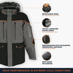 The PolarForce Insulated Parka for Men with Detachable Hood is exactly what you need to work in extreme winter climates. Whether you're outdoors in negative temperatures or dealing with industrial freezer machines, this jacket can provide you with protection and warmth in any frigid environment. The 500 g of insulation power keeps you warm in any weather, while the detachable hood (with removable fur trim) keeps your headspace comfortable. This winter jacket for men fits a range of sizes, from s Winter Windproof Parka For Outdoor Work, Functional Parka With Fleece Lining For Outdoor Work, Black Insulated Hooded Parka, Black Hooded Insulated Parka, Black Parka With Fleece Lining For Winter Sports, Functional Black Parka With Fleece Lining, Black Functional Parka With Fleece Lining, Functional Black Parka For Outdoor Work, Durable Black Hooded Outerwear