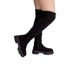 Qupid Women Lug Sole Over Knee Sock Boots Black Stretch Suede Black Textured Sole Boots For Fall, Black Boots With Textured Sole For Fall, Black Platform Boots With Textured Sole For Fall, Black Boots With Textured Sole And Medium Width, Casual Knee-high Boots With Lug Sole For Winter, Casual Black Platform Boots With Vibram Sole, Black Platform Boots With Textured Sole And Round Toe, Casual Black Suede Platform Boots, Casual Winter Knee-high Boots With Lug Sole