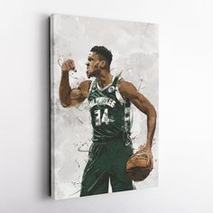 a painting of a basketball player holding a ball