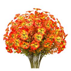 an arrangement of red and yellow flowers in a vase on a white background with clippings