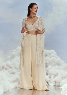 Nachiket Barve-Beige Chiffon Cape And Palazzo Set-INDIASPOPUP.COM Crop Top Traditional, Cape Dress Indian, Palazzo Outfit, Cape Outfit, Chiffon Cape, Gold Jacket, Big Fat Indian Wedding, Palazzo Set, Dream Wedding Ideas Dresses