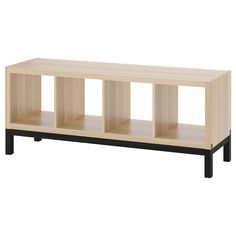 a wooden shelf with three shelves on each side and black legs, against a white background