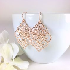 "Large Filigree Earrings, Gold Silver Rose Gold Earrings, Hammered Earrings, Medallion Earrings, Statement Earrings, Moroccan Earrings, Dangle Earrings, Drop Earrings, Filigree Pendant Earrings, Wedding Bridal Earrings Composed of large gold/silver/rose plated hammered moroccan filigree pendant hung from oval copper ear wires. Dangle length is 2\" from top of ear wire. Discount for multiple (3 pair or more) bridal party orders. CUSTOM REQUESTS ARE ALWAYS WELCOMED! ● Would you prefer a different Rose Gold Ear Wire Earrings For Party, Rose Gold Filigree Dangle Jewelry, Elegant Hypoallergenic Pink Gold Earrings, Pink Gold Drop Earrings, Rose Gold Filigree Drop Earrings, Rose Gold Drop Earrings With Ear Wire, Dangle Rose Gold Earrings For Pierced Ears, Rose Gold Dangle Chandelier Earrings For Pierced Ears, Rose Gold Teardrop Chandelier Earrings Gift