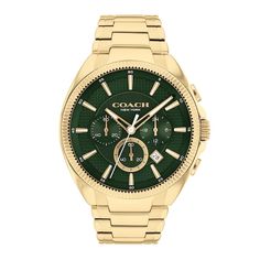 Combining discerning style with rugged functionality, this Jackson gold-toned chronograph watch is made for life on the move. Dark green dial, luminous gold-toned hands and markers, white second hand, three chronograph sub-dials, date display 44.15mm gold-toned ion-plated stainless steel case with mineral crystal and a coin edge bezel Japanese quartz movement Gold-toned stainless steel link bracelet with deployment clasp Water resistant to 30 meters We are an authorized Coach dealer Gold Chronograph Watch For Outdoor, Classic Green Chronograph Watch With Chronometer, Classic Green Chronograph Watch, Gold Chronograph Watch With Round Dial For Outdoor, Gold Outdoor Watches With Analog Display, Gold Outdoor Watch With Analog Display, Gold Analog Display Watches For Outdoor, Gold Analog Display Watch For Outdoor, Timeless Green Chronograph Watch With Subdials