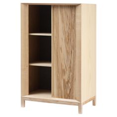 a wooden cabinet with three shelves on one side and an open door on the other