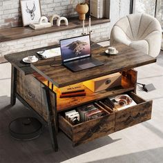 an open laptop computer sitting on top of a wooden desk next to a white chair