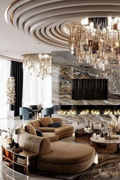 an elegant living room with chandelier and marble walls