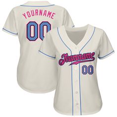 a women's baseball jersey with the name and number 00 on it in pink, blue