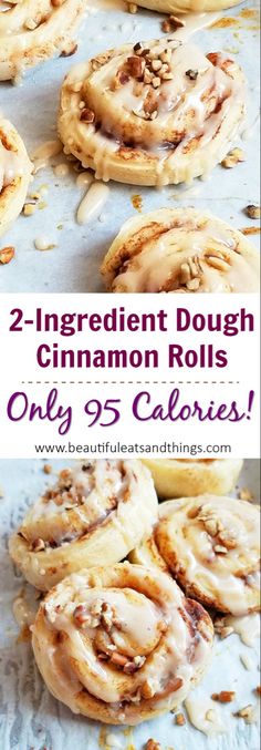 cinnamon rolls with icing and nuts on top are shown in three different pictures, one is