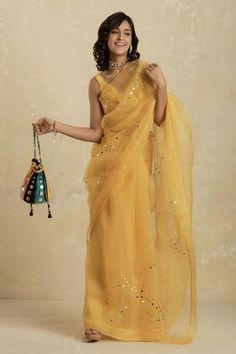 Shop for Charkhee Yellow Organza Embroidered Saree With Blouse for Women Online at Aza Fashions Saree Organza, Online Shopping Sarees, Saree Jewellery, Organza Blouse, Desi Fashion Casual, Simple Sarees, Yellow Saree, Embroidered Saree, Unique Blouse