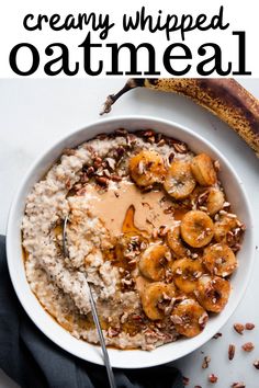 a bowl filled with oatmeal topped with bananas and pecans next to a banana peel