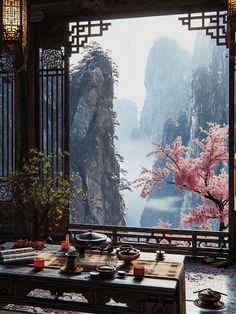 Ancient China Aesthetic, Chinese Tea House, Chinese Mountains, Asian Landscape, Chinese Interior, Chinese Aesthetic, Fantasy Rooms, East Of Eden