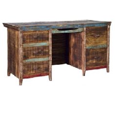 an old wooden desk with two drawers and one door open on the top, against a white background