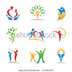 various colorful logos with people holding hands and trees on white background stockvectors