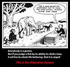 an elephant and some monkeys are talking to each other in front of a sign that says our education system