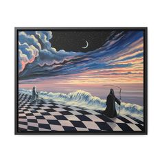 a painting of two people standing on a checkered floor with the moon in the sky