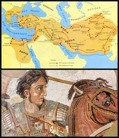 two pictures one with a map and the other with an image of a man riding a horse