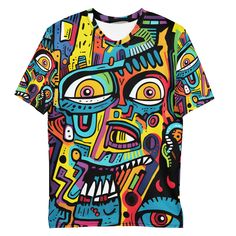 Make a bold statement with our Men's Trippy Psychedelic Shirt. This wearable masterpiece combines futuristic design with vibrant colors, creating a unique and edgy piece for the modern man. Elevate your style with this standout piece of wearable art Get to know your new favorite tee--it's super smooth, super comfortable, and made from a cotton touch polyester jersey that won't fade after washing.  * 95% polyester, 5% elastane (fabric composition may vary by 1%) * Premium knit mid-weight jersey * Fun Multicolor Printed T-shirt, Fun Multicolor Tops With Sublimation Print, Fun Multicolor Tops With Graphic Print, Unisex Multicolor Graphic Tee, Fun Multicolor Tops With Graffiti Print, Fun Multicolor Graffiti Print Tops, Multicolor Abstract Print T-shirt For Summer, Artistic Multicolor Short Sleeve Shirt, Multicolor Funny Print Shirt For Streetwear