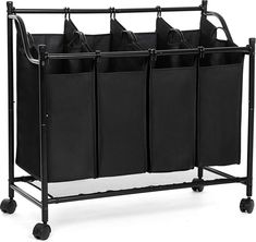 three black laundry hampers on wheels with bags hanging from the top and bottom