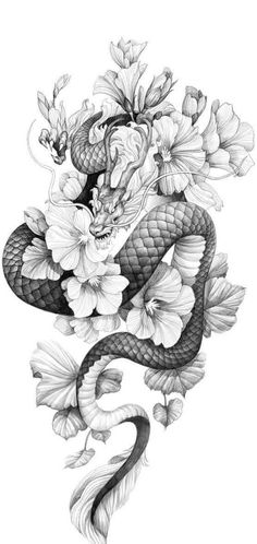 a drawing of a snake with flowers on it's back and its tail curled up