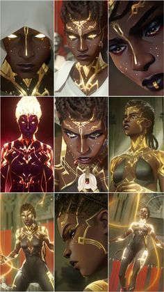 many different images of the same character in various poses, with one woman's face and