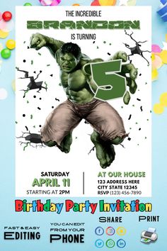 the incredible hulk birthday party flyer