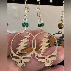 Grateful Dead Steal Your Face Hanging Earrings, Artisan Handmade With Love. Green Bead & Silver. One Of A Kind! Grateful Dead Dancing Bears, Steal Your Face, Mushroom Jewelry, Dancing Bears, Hanging Earrings, Grateful Dead, Rose Earrings, Green Bead, Handmade Artisan