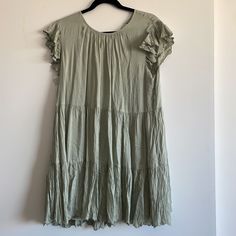 Brand New With Tags Size M Color: Silver Sage Green Flowy Rayon Mid-length Dress, Green Summer Shift Dress, Green Shift Dress For Summer, Rayon Midi Dress With Ruffles For Day Out, Green Mid-length Dress For Vacation, Casual Green Mid-length Mini Dress, Ruffle Hem Dress In Rayon, Casual Mid-length Green Mini Dress, Spring Flowy Dress With Ruffle Hem