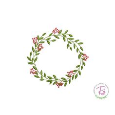 a wreath with red berries and green leaves is shown in the middle of a white background