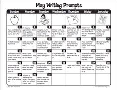 a calendar with the words may writing prompts written in black and white on it