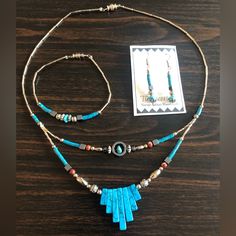 Navajo Indian Jewelry Set Handmade In Arizona Earrings, Necklace, And Bracelet Beading With Real Turquoise Condition: New, Never Worn Antique Turquoise Jewelry, Jean Jewelry, Ring Charm Necklace, Indian Jewelry Set, Handmade Turquoise Jewelry, Turquoise Jewelry Set, Jewelry Sets Handmade, Beautiful Beaded Necklaces, Antique Turquoise