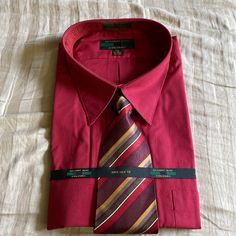 Brand New Never Used Without Tag Beautiful Red Shirt With A Matching 100% Silk Tie. Great For Formal Dining And Party. Casual Red Collared Dress Shirt, Casual Red Long Sleeve Dress Shirt, Fitted Red Dress Shirt For Summer, Formal Red Summer Dress Shirt, Red Formal Shirt For Summer, Casual Red Dress Shirt For Work, Formal Red Summer Shirt, Classic Fitted Red Dress Shirt, Classic Red Formal Shirt