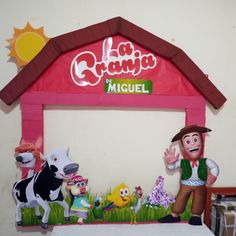 a group of cartoon characters standing in front of a sign that says la creanja de miguel