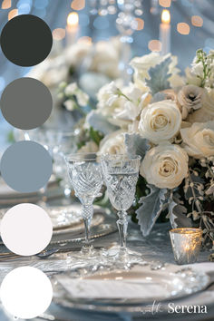 the table is set with white flowers and silverware for an elegant wedding reception or special event