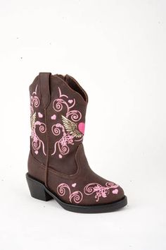 Roper® Toddler's faux leather fashion Western boots with pink  winged heart design. Brown.  Narrow toe.  Color: Brown w/Pink Embroidery Faux Leather Upper Fabric Linings EVA Cushioned Footbed Lightweight Flexible Outsole Imported Cute Pink Boots For Fall, Cute Leather Boots For Spring, Cute Leather Boots For Fall, Cute Leather Closed Toe Boots, Cute Pink Leather Boots, Pink Camo Party, Camo Cowgirl Boots, Camo Party, Winged Heart