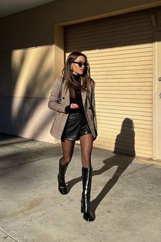 Going Out Outfits Comfy, Womens Outfits With Tights, Leather Mini Skirt And Blazer Outfit, Skirt Blazer Boots Outfit, Blazer And Shorts Outfit Fall, Oversized Blazer With Dress Outfit, Leather Shorts Blazer Outfit, Blazer Skirt Outfits For Women, Leather Skirt Outfit Work Classy