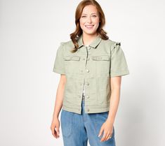 You don't have to ditch the denim jacket just because the temps have dialed up! Carry that casual-chic look you love right into spring and summer with this short-sleeve jacket. The ruffled shoulder makes it feel so fresh! From AnyBody®. Short Sleeve Denim Jacket, Short Sleeve Denim, Short Sleeve Jacket, So Fresh, Sleeve Jacket, Blazer Fashion, Walker Boots, Color Shorts, Garment Bags