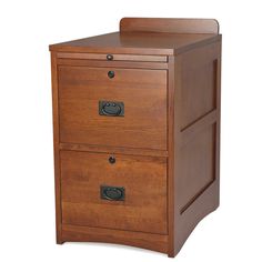 a wooden file cabinet with two drawers