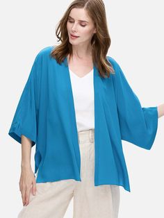 Teal Silk Relax Cardigan Solid Open Front Layering Top, Open Front Layering Top, Versatile Open Front Solid Top, Versatile Solid Wrap Cardigan, Versatile Solid Color Wrap Cardigan, Summer Solid Open Front Cardigan, Elegant Summer Cardigan For Loungewear, Summer Open Front Solid Cardigan, Solid Open Front Summer Cardigan