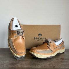 Sperry Tarpon 2 Eye Leather Tan Beige Men's Boat Shoe New In Box Box May Have Minor Cosmetic Damage / Stickers / Writing Men’s Size 11.5 Please Review All Pictures For Any Defects And/Or Flaws Item Shown Is What You Are Purchasing Double Boxed For Shipping Smoke Free Environment All Reasonable Offers Considered Even Though Most Of Our Shoes Are Sold As “New” There Is A Chance That They May Have Been Previously Tried On In Store With Dust And/Or Dirt On The Soles And Insoles There Are Also Times Sperry Men's Shoes, Stickers Writing, Sperry Men, Sperry Boat Shoes, Mens Footwear, Leather Boat Shoes, Deck Shoes, Navy And Khaki, Boat Shoe